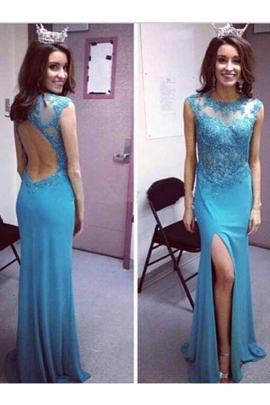 Long Blue Open Back Lace Appliques Prom Formal Evening Party Dresses 3021072 Long Blue Open Back Lace Appliques Prom Formal Evening Party Dresses 3021072