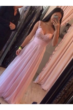 Long Pink Lace Appliques Chiffon Prom Formal Evening Party Dresses 3021074