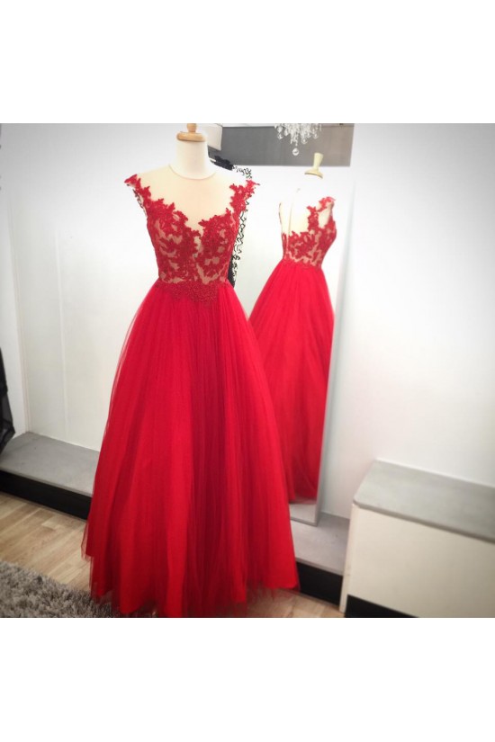 Long Red Lace Appliques Prom Formal Evening Party Dresses 3021084