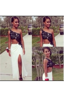 Black Lace White One-Shoulder Long Prom Formal Evening Party Dresses 3021089