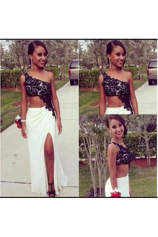Black Lace White One-Shoulder Long Prom Formal Evening Party Dresses 3021089 Black Lace White One-Shoulder Long Prom Formal Evening Party Dresses 3021089