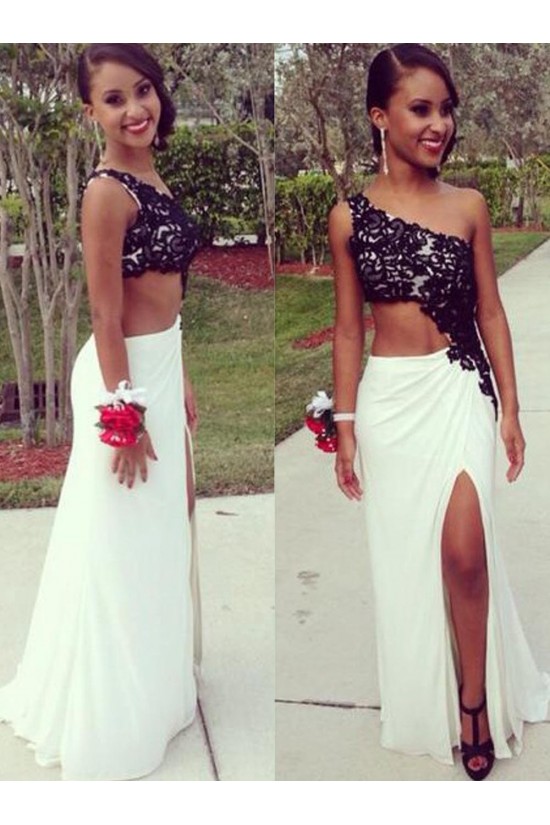 Black Lace White One-Shoulder Long Prom Formal Evening Party Dresses 3021089 Black Lace White One-Shoulder Long Prom Formal Evening Party Dresses 3021089