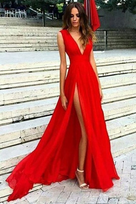 Long Red Deep V-Neck Prom Formal Evening Party Dresses 3021096 Long Red Deep V-Neck Prom Formal Evening Party Dresses 3021096
