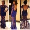 Long Sleeves Low V-Back See Through Royal Blue Lace Appliques Prom Evening Formal Dresses 3020110