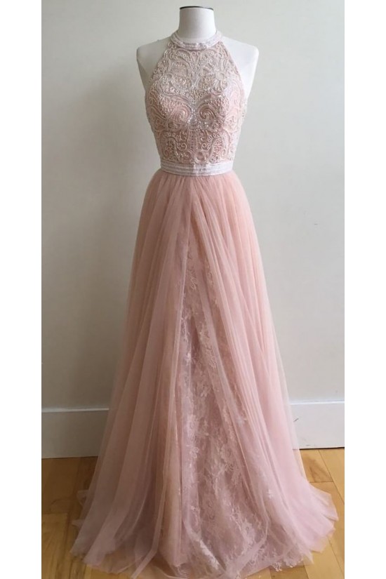 Long Pink Halter Lace Prom Formal Evening Party Dresses 3021100 Long Pink Halter Lace Prom Formal Evening Party Dresses 3021100