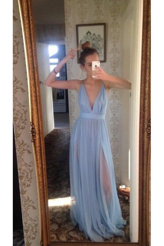 Long Blue V-Neck Prom Formal Evening Party Dresses 3021154 Long Blue V-Neck Prom Formal Evening Party Dresses 3021154