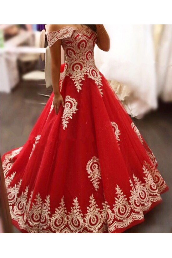 Long Red Off-the-Shoulder Ball Gown Prom Formal Evening Party Dresses with Gold Lace Appliques 3021158 Long Red Off-the-Shoulder Ball Gown Prom Formal Evening Party Dresses with Gold Lace Appliques 3021158