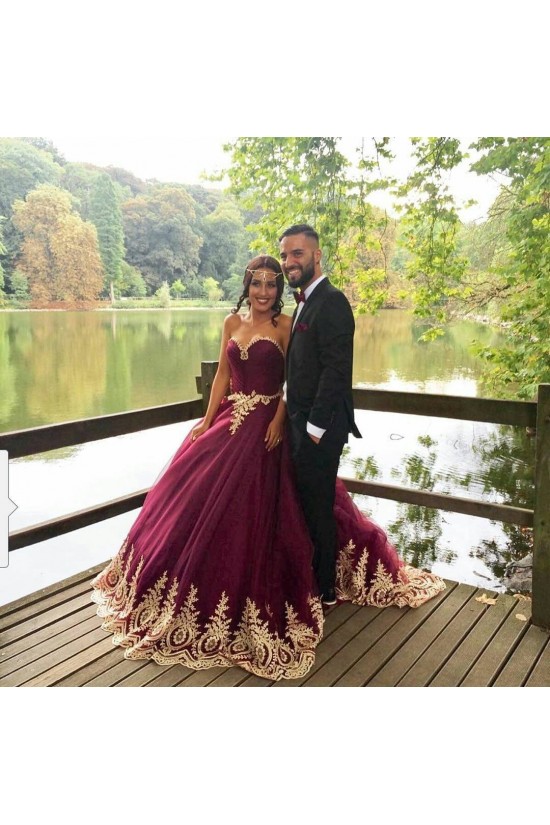 Long Burgundy Ball Gown Prom Formal Evening Party Dresses with Gold Lace Appliques 3021160 Long Burgundy Ball Gown Prom Formal Evening Party Dresses with Gold Lace Appliques 3021160