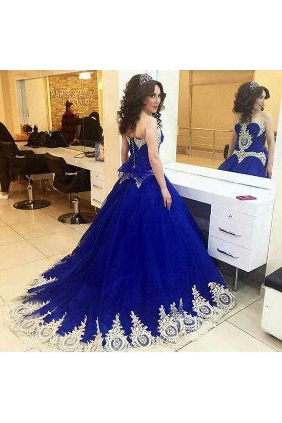 Long Blue Ball Gown Prom Formal Evening Party Dresses with Gold Lace Appliques 3021161 Long Blue Ball Gown Prom Formal Evening Party Dresses with Gold Lace Appliques 3021161