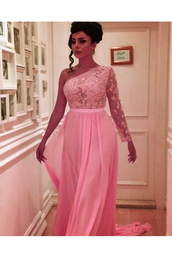 Long Chiffon One Sleeves Lace Prom Formal Evening Party Dresses 3021167 Long Chiffon One Sleeves Lace Prom Formal Evening Party Dresses 3021167