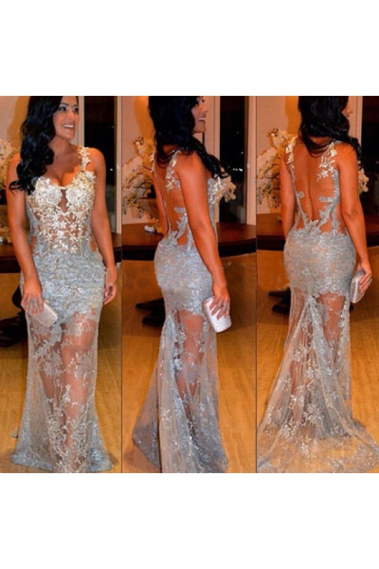 Long Silver Lace Prom Formal Evening Party Dresses 3021171