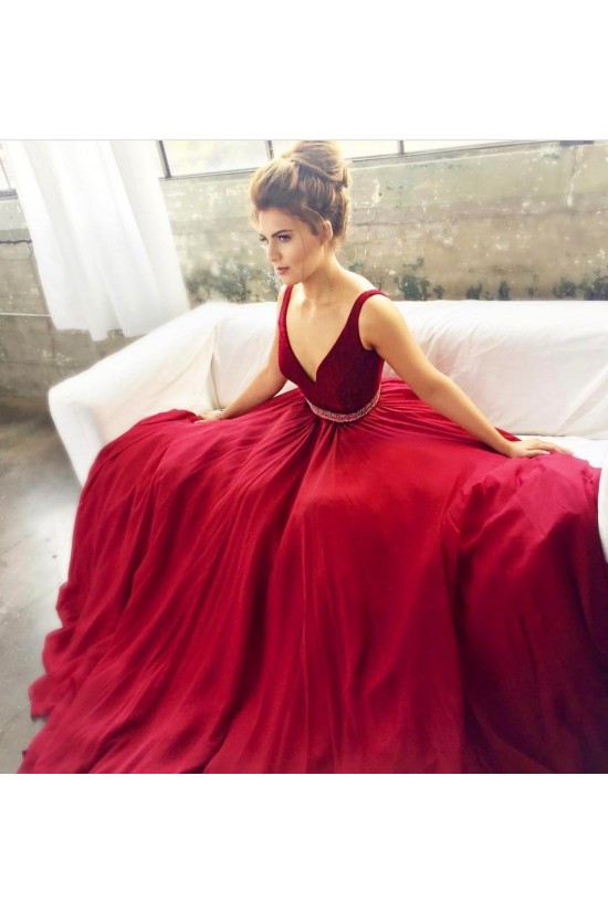 Beaded Long V-Neck Prom Formal Evening Party Dresses 3021203