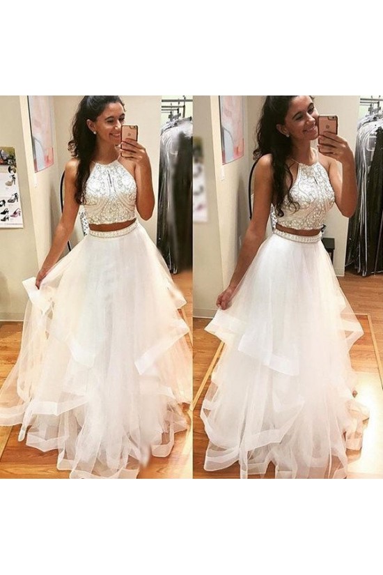 Beaded Two Pieces White Prom Formal Evening Party Dresses 3021211