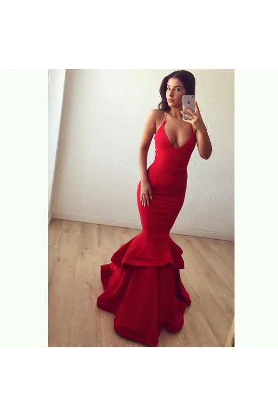 Mermaid V-Neck Long Red Prom Formal Evening Party Dresses 3021239