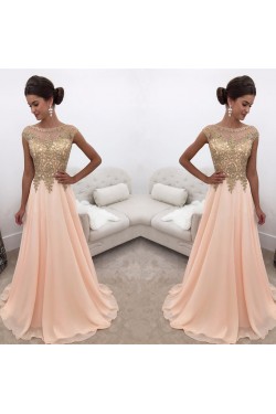 A-Line Gold Lace Appliques Chiffon Prom Formal Evening Party Dresses 3021244