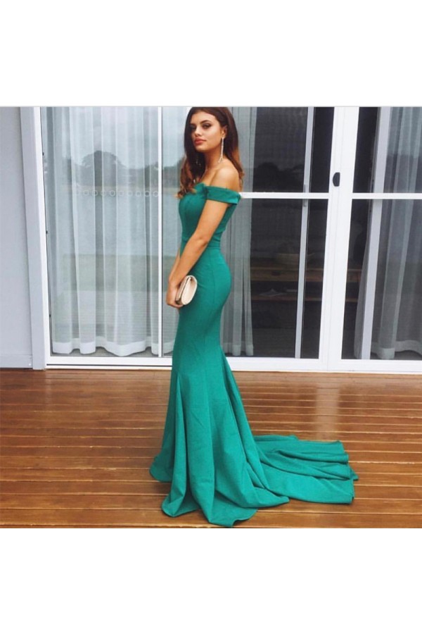 Green Simple Mermaid Off the Shoulder Satin Long Date Dress Party Dress Evening Dress DP3429 main image 1