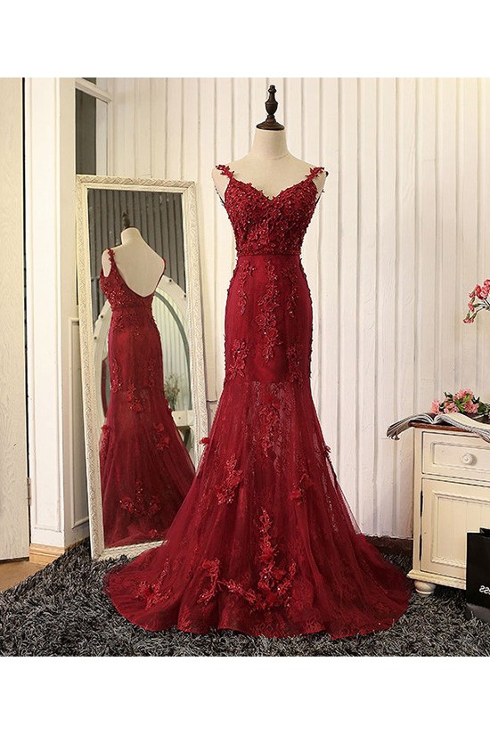 Mermaid Burgundy Lace V-Neck Long Prom Formal Evening Party Dresses 3021319 Mermaid Burgundy Lace V-Neck Long Prom Formal Evening Party Dresses 3021319