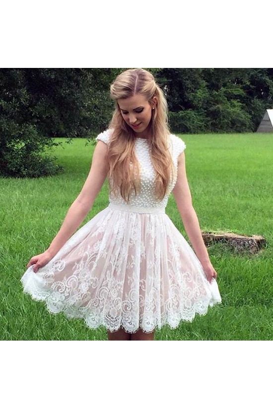 Cap Sleeves Lace Short White Prom Homecoming Cocktail Graduation Dresses 3021320
