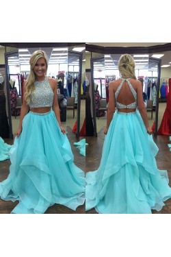 Beaded Two Pieces Long Blue Prom Formal Evening Party Dresses 3021381