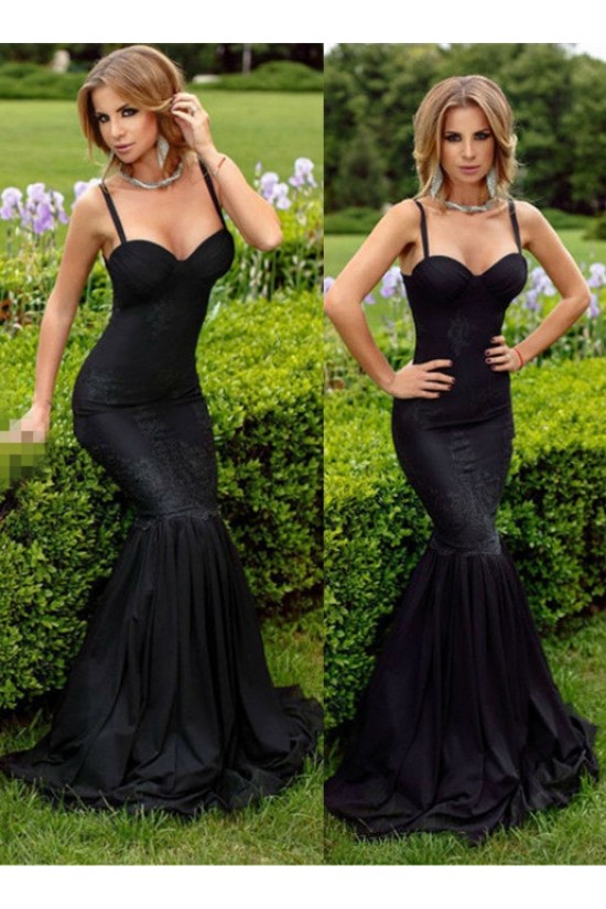 Mermaid Long Black Spaghetti Straps Lace Prom Formal Evening Party Dresses 3021385