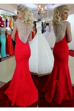 Trumpet/Mermaid Beaded Long Red Prom Dresses Evening Gowns 3020140