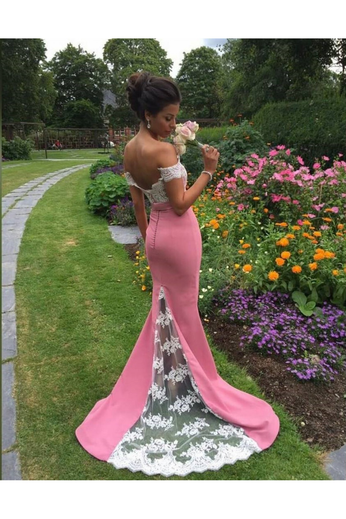 Long Mermaid Off-the-shoulder Lace Formal Prom Dress with Sleeves
