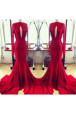 Red Mermaid Lace Long Sexy High Neck Prom Evening Formal Dresses 3020144