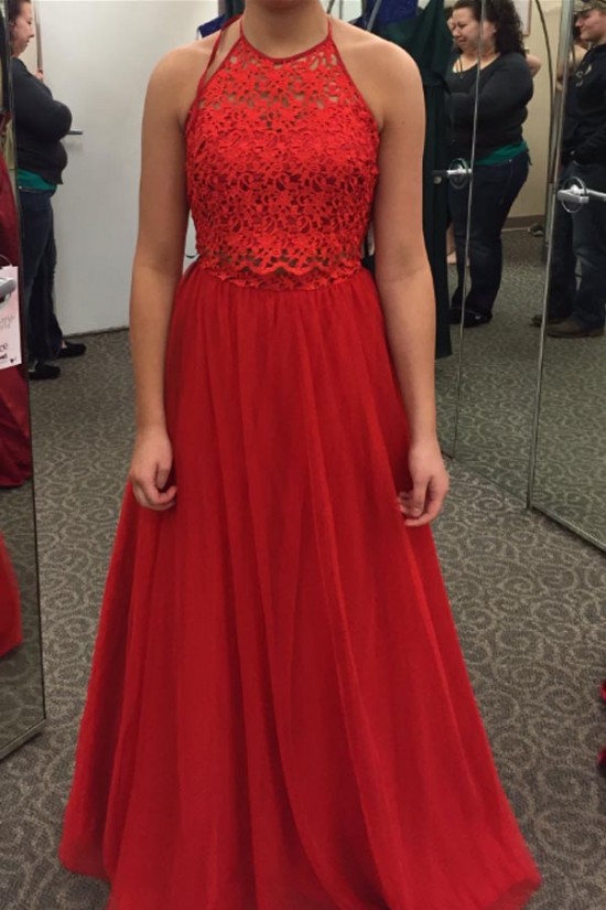 Long Red Halter Lace Chiffon Prom Formal Evening Party Dresses 3021485