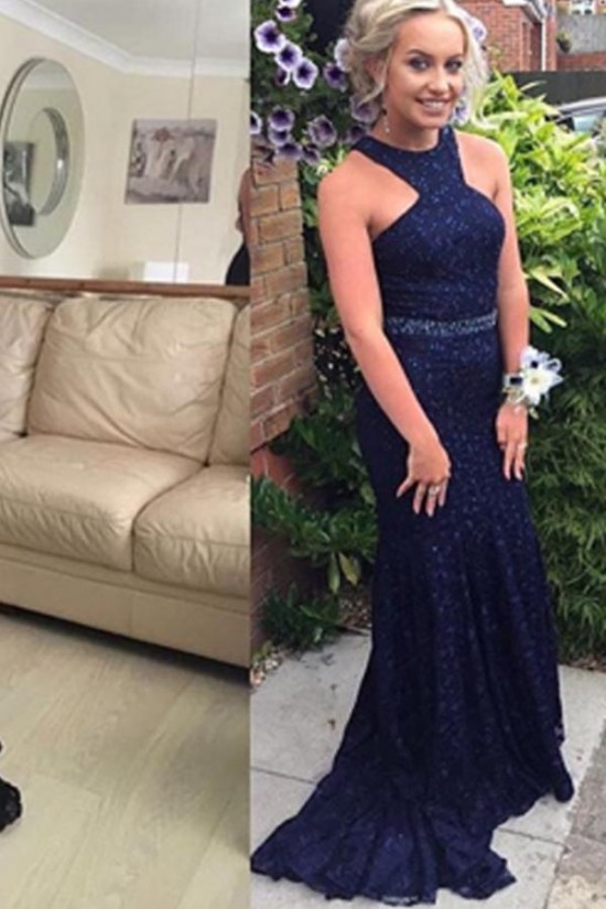 Mermaid Long Blue Beaded Lace Prom Formal Evening Party Dresses 3021486