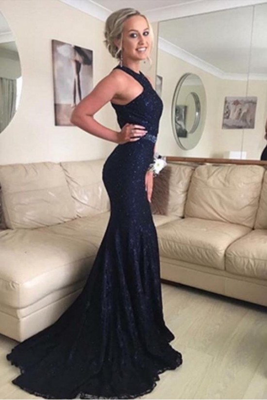 Mermaid Long Blue Beaded Lace Prom Formal Evening Party Dresses 3021486
