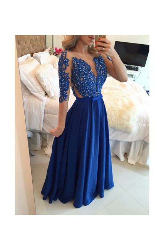 A-Line Long Blue Beaded Lace Prom Formal Evening Party Dresses 3021489 A-Line Long Blue Beaded Lace Prom Formal Evening Party Dresses 3021489