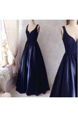 Long Blue Lace Satin V-Neck Prom Formal Evening Party Dresses 3021513