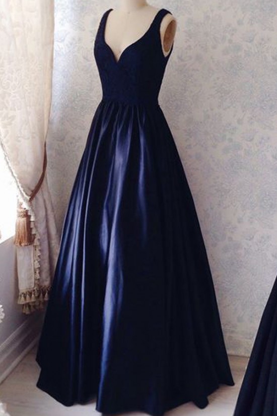 Long Blue Lace Satin V-Neck Prom Formal Evening Party Dresses 3021513 Long Blue Lace Satin V-Neck Prom Formal Evening Party Dresses 3021513