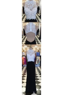 Long Black White Beaded Lace Prom Formal Evening Party Dresses 3021528
