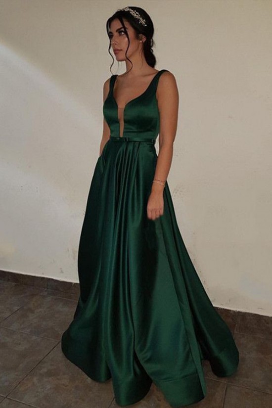 Elegant V-Neck Long Green Prom Evening Formal Dresses 3021541