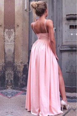 Long Pink V-Neck Prom Evening Formal Dresses with Side Slit 3021542