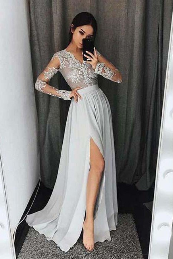 Long Sleeves V-Neck Lace Prom Evening Formal Dresses with Side Slit 3021546 Long Sleeves V-Neck Lace Prom Evening Formal Dresses with Side Slit 3021546