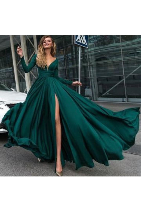 Sexy V-Neck Long Sleeve Split Velvet Prom Dress Y1724 main image 1