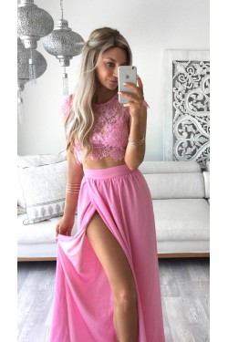 Two Pieces Lace See Through Top Chiffon Pink Prom Evening Formal Dresses 3020164
