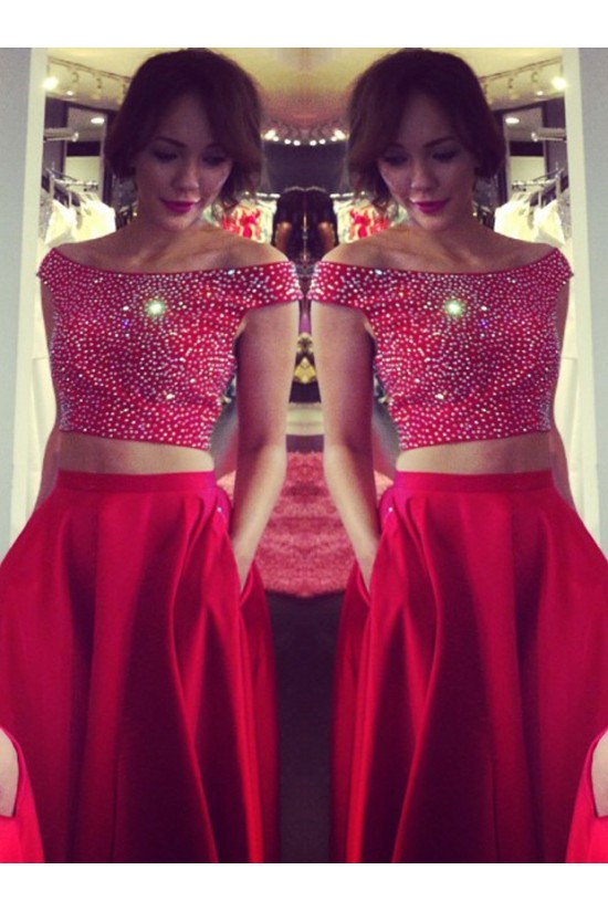 Two Pieces Off-the-Shoulder Red Beaded Long Prom Evening Formal Dresses 3020175