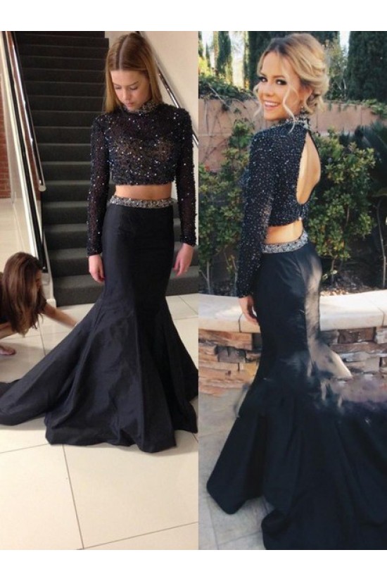 Two Pieces High Neck Long Sleeves Beaded Black Prom Evening Formal Dresses 3020177 Two Pieces High Neck Long Sleeves Beaded Black Prom Evening Formal Dresses 3020177