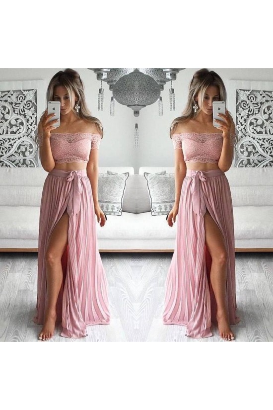 Two Piece Prom Dresses Lace Top Off-the-Shoulder Short Sleeves Thigh-High Slit Sexy Evening Gowns 3020192 Two Piece Prom Dresses Lace Top Off-the-Shoulder Short Sleeves Thigh-High Slit Sexy Evening Gowns 3020192