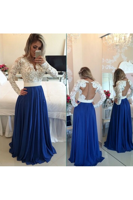 Royal Blue White Lace Chiffon Long Sleeves Prom Dresses Evening Gowns 3020208 Royal Blue White Lace Chiffon Long Sleeves Prom Dresses Evening Gowns 3020208