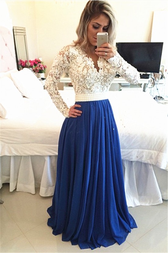 Royal Blue White Lace Chiffon Long Sleeves Prom Dresses Evening Gowns 3020208 Royal Blue White Lace Chiffon Long Sleeves Prom Dresses Evening Gowns 3020208