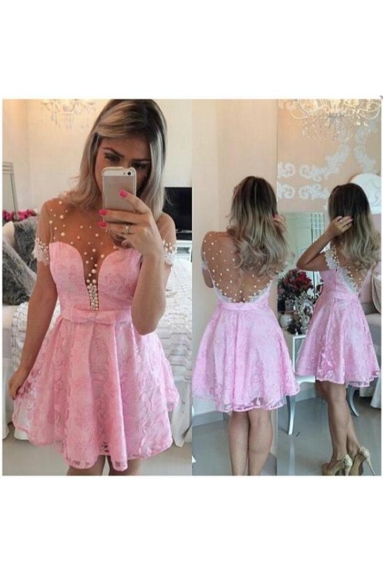 Short Sleeves See Through Pink Sexy Homecoming Prom Dresses Evening Gowns 3020219 Short Sleeves See Through Pink Sexy Homecoming Prom Dresses Evening Gowns 3020219