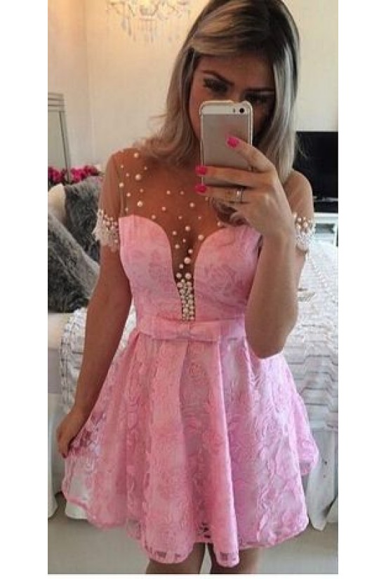 Short Sleeves See Through Pink Sexy Homecoming Prom Dresses Evening Gowns 3020219 Short Sleeves See Through Pink Sexy Homecoming Prom Dresses Evening Gowns 3020219