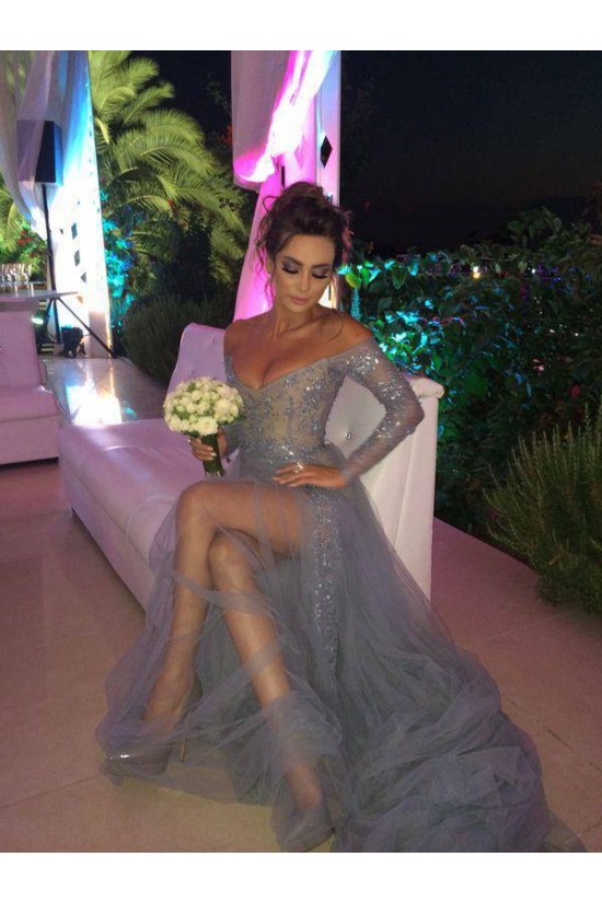 Grey Lace Long Sleeves Off-the-Shoulder Split Long Prom Dresses Evening Gowns 3020235 Grey Lace Long Sleeves Off-the-Shoulder Split Long Prom Dresses Evening Gowns 3020235