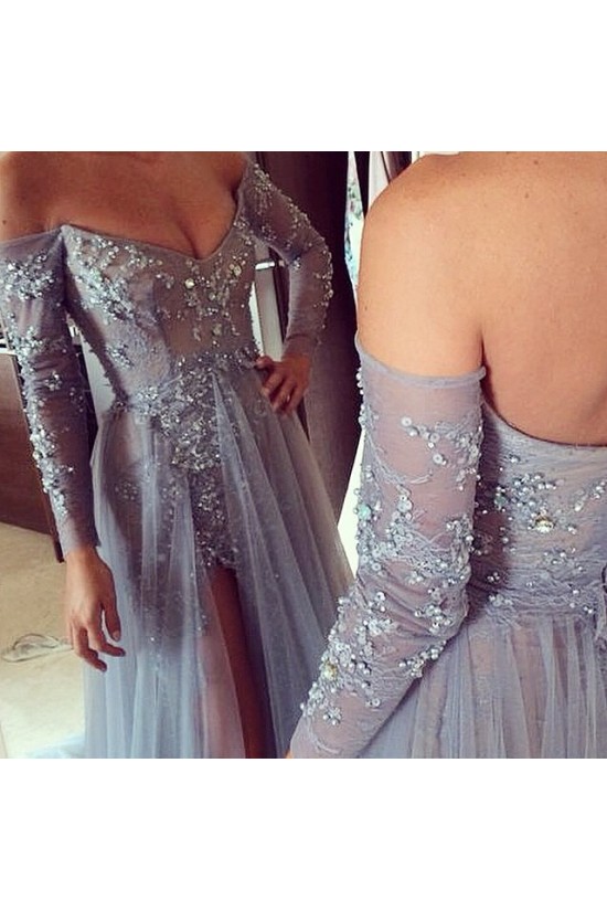 Grey Lace Long Sleeves Off-the-Shoulder Split Long Prom Dresses Evening Gowns 3020235 Grey Lace Long Sleeves Off-the-Shoulder Split Long Prom Dresses Evening Gowns 3020235