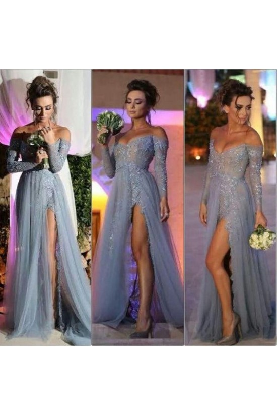 Grey Lace Long Sleeves Off-the-Shoulder Split Long Prom Dresses Evening Gowns 3020235 Grey Lace Long Sleeves Off-the-Shoulder Split Long Prom Dresses Evening Gowns 3020235
