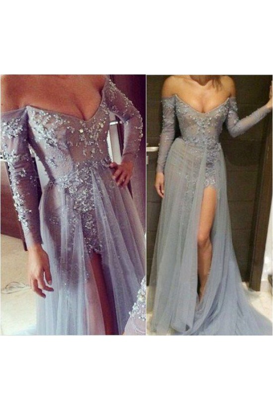Grey Lace Long Sleeves Off-the-Shoulder Split Long Prom Dresses Evening Gowns 3020235 Grey Lace Long Sleeves Off-the-Shoulder Split Long Prom Dresses Evening Gowns 3020235